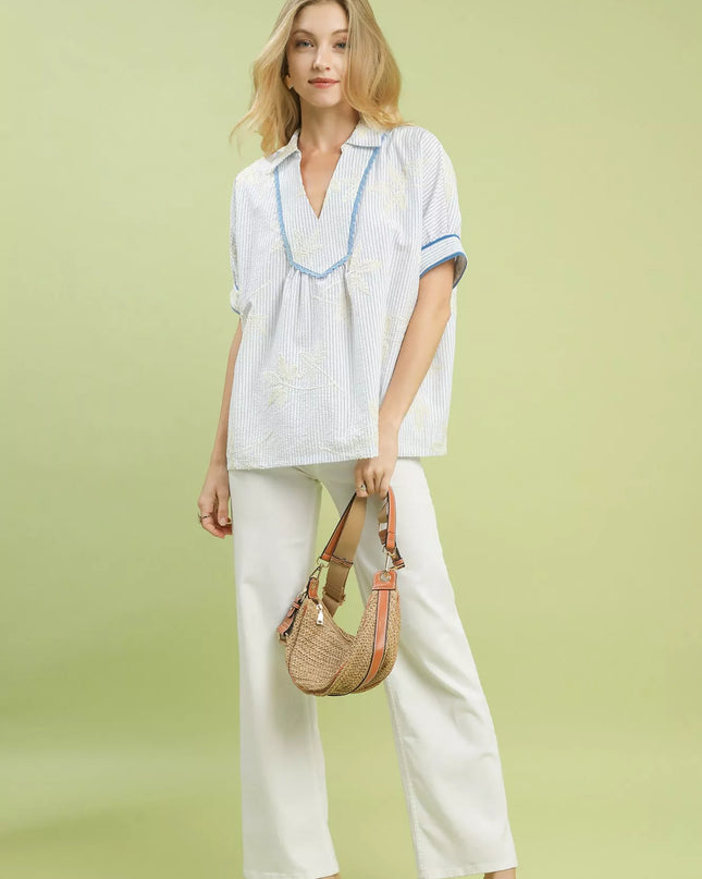 Umgee Striped Embroidered Blouse with Scallop Trim - Sleekdenim.com