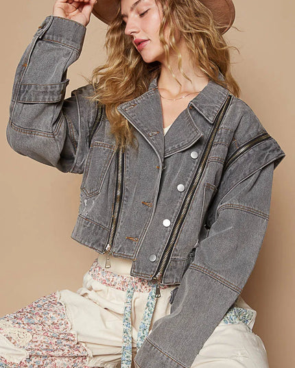 POL Cropped Denim Jacket with Functional Zipper Detail - Sleekdenim.com