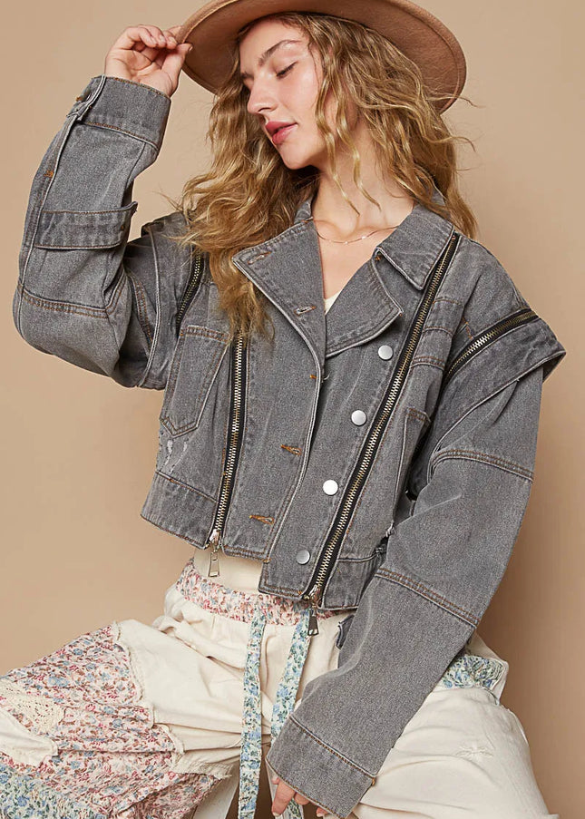 POL Cropped Denim Jacket with Functional Zipper Detail - Sleekdenim.com