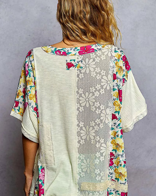 POL Lace Round Neck Short Sleeve Floral Pattern Top with Patch Detail - Sleekdenim.com