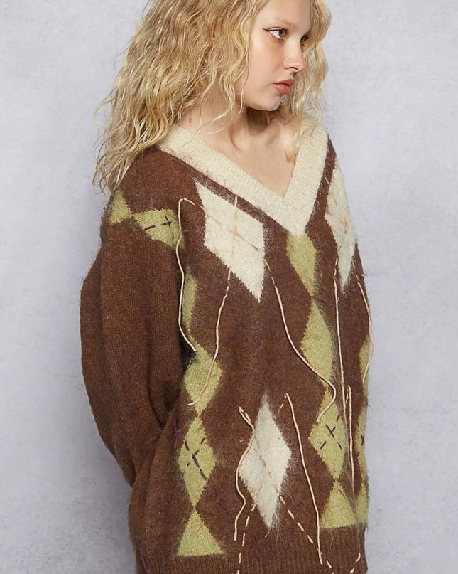 POL V-Neck Argyle Pattern Mohair Sweater with Contrast Exposed Stitch Detail - Sleekdenim.com