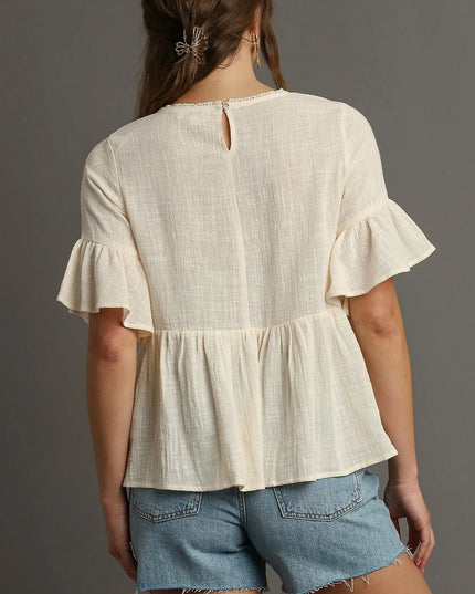 Umgee Floral Lace Trimmed Detail Half Sleeve Babydoll Top - Sleekdenim.com