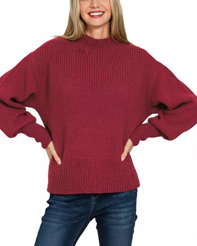 Zenana Balloon Sleeve Mock Neck Sweater - Sleekdenim.com