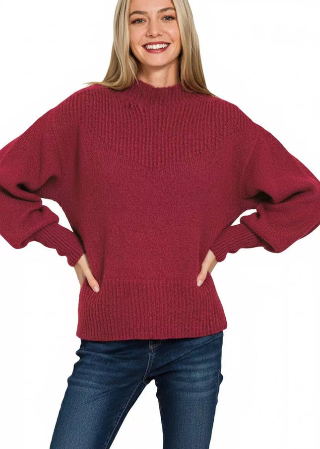 Zenana Balloon Sleeve Mock Neck Sweater - Sleekdenim.com