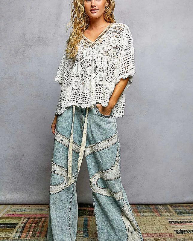 POL V-Neck Crochet Top with Scalloped Hem - Sleekdenim.com