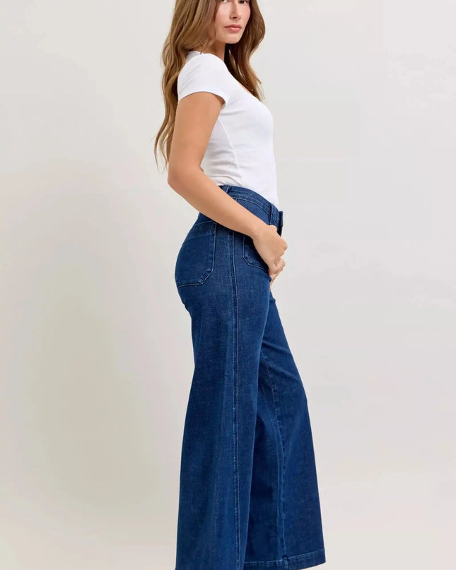 Judy Blue High-Waisted Retro Wide Jeans with Patch Pkts & Twisted Seams - Sleekdenim.com