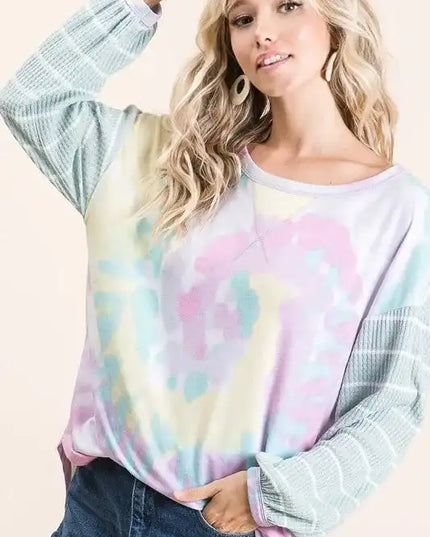 BiBi Tie Dye Terry Top with Wide Stripe Thermal Waffle - Sleekdenim.com