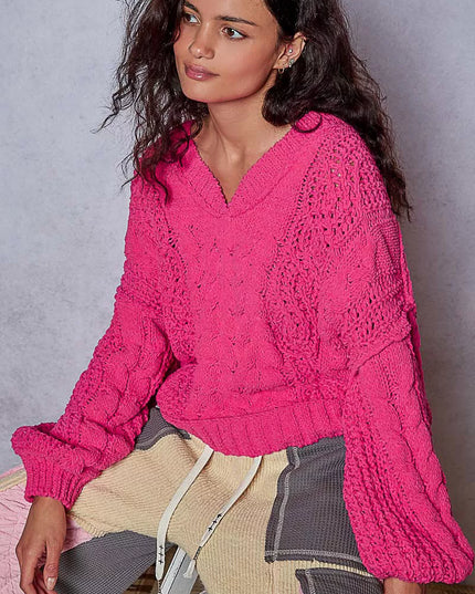 POL Cable-Knit Solid V-Neck Cropped Sweater - Sleekdenim.com