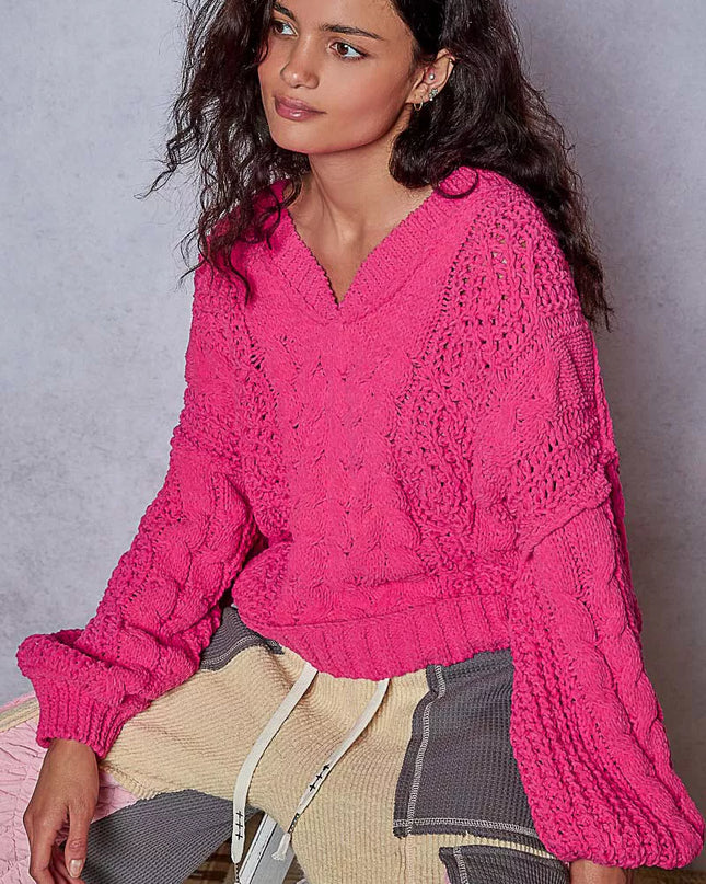 POL Cable-Knit Solid V-Neck Cropped Sweater - Sleekdenim.com