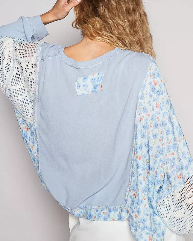 POL Round Neck Cropped Gauze Floral Pattern Top with Overlock Stitch Detail - Sleekdenim.com