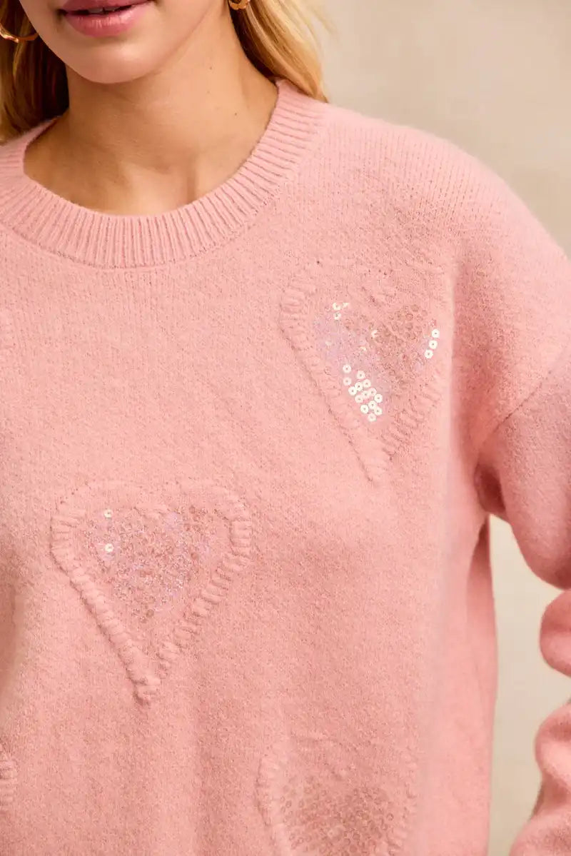 Bibi Pink "Adorable" Sequined Heart Sweater - Sleekdenim.com