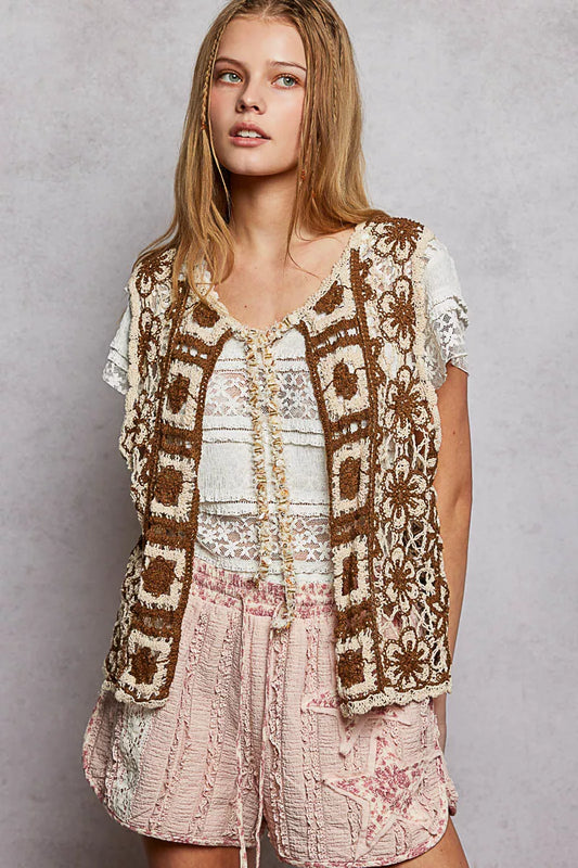 POL Tie Front Floral Pattern Crochet Vest with Scalloped Edge