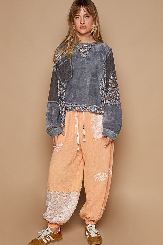 POL Floral Patchwork Round Neck Knit Top - Sleekdenim.com