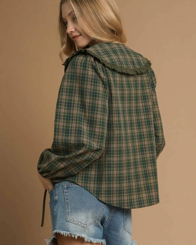 Umgee Full Size Plaid Ruffle Collar Blouse Plus Size - Sleekdenim.com