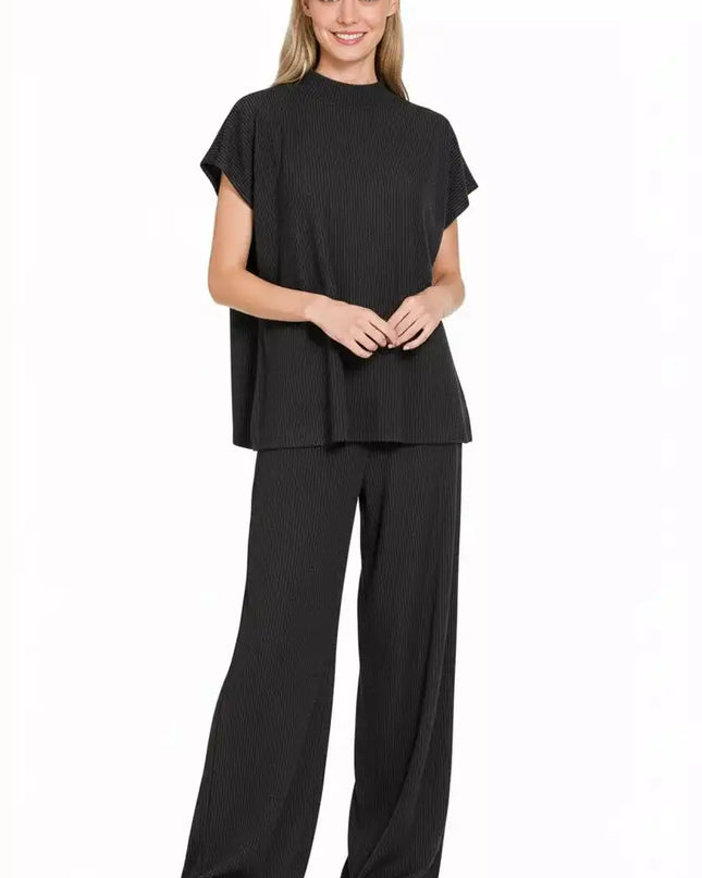 Zenana Raised Rib Short Sleeve Tee & Pants Set - Sleekdenim.com