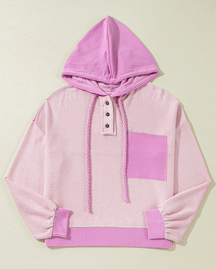 White Corded Patch Pocket Drawstring Henley Long Sleeve Top