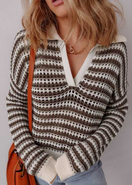 Stripe Eyelet Contrast Collared V-Neck Sweater - Sleekdenim.com