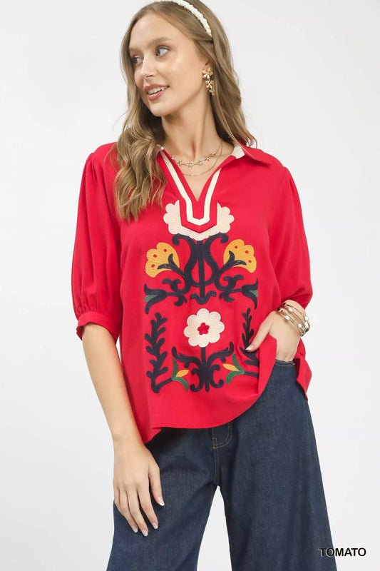 Umgee Mixed Media V-Neck Print Blouse - Image 1