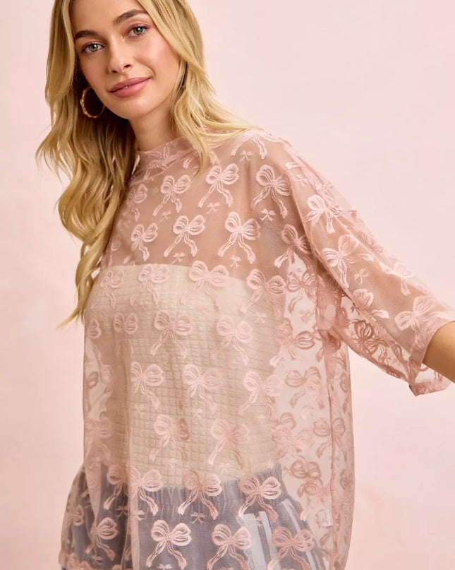 BiBi Bow Pattern Short Sleeves Boxy Mesh Top - Sleekdenim.com