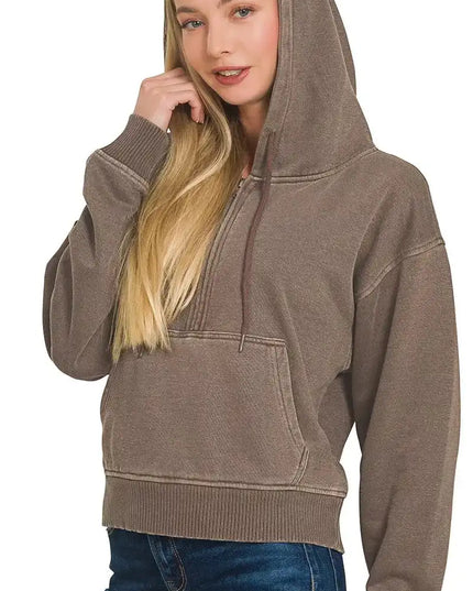 Zenana Fleece Pigment Dye Half Zip Kangaroo Pocket Hoodie - Sleekdenim.com