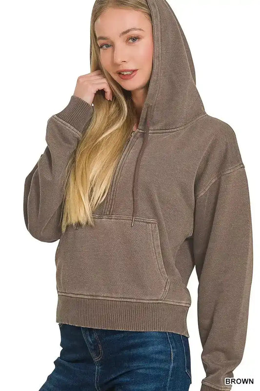 Zenana Fleece Pigment Dye Half Zip Kangaroo Pocket Hoodie