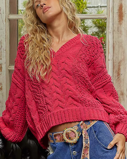 POL Cable-Knit Solid V-Neck Cropped Sweater - Sleekdenim.com