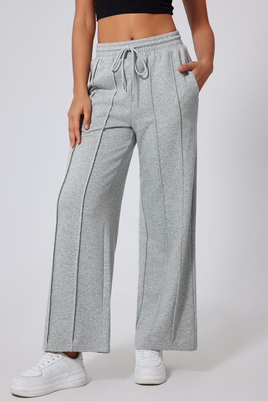 Gray Seamed Drawstring High Waist Wide Leg Sweatpants - Sleekdenim.com