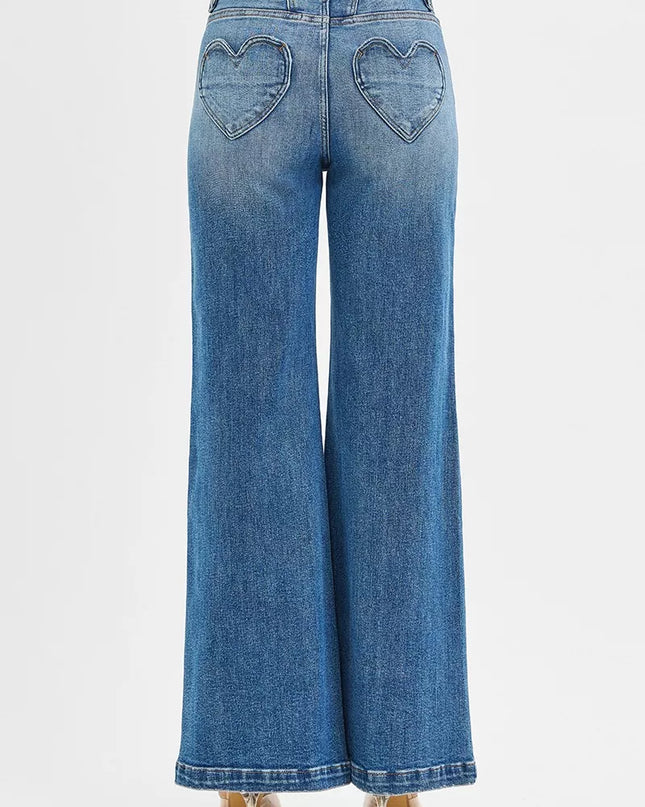 RISEN High Rise Wide Leg Jenas with Front Yoke and Heart Back Pocket - Sleekdenim.com