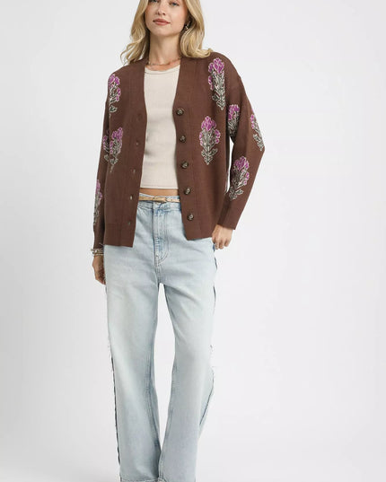 Umgee Single Flower Stem Jacquard Cardigan Sweater - Sleekdenim.com