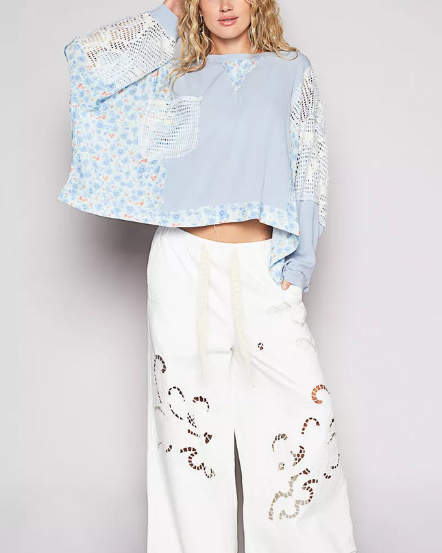 POL Round Neck Cropped Gauze Floral Pattern Top with Overlock Stitch Detail - Sleekdenim.com