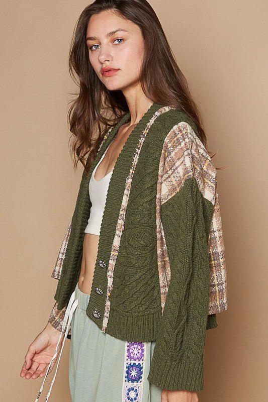 POL Cable-Knit Plaid V-Neck Button Up Cardigan | Sleekdenim.com