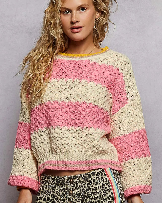 POL Contrast Striped Round Neck Sweater with Textured Cable Knit Pattern - Sleekdenim.com