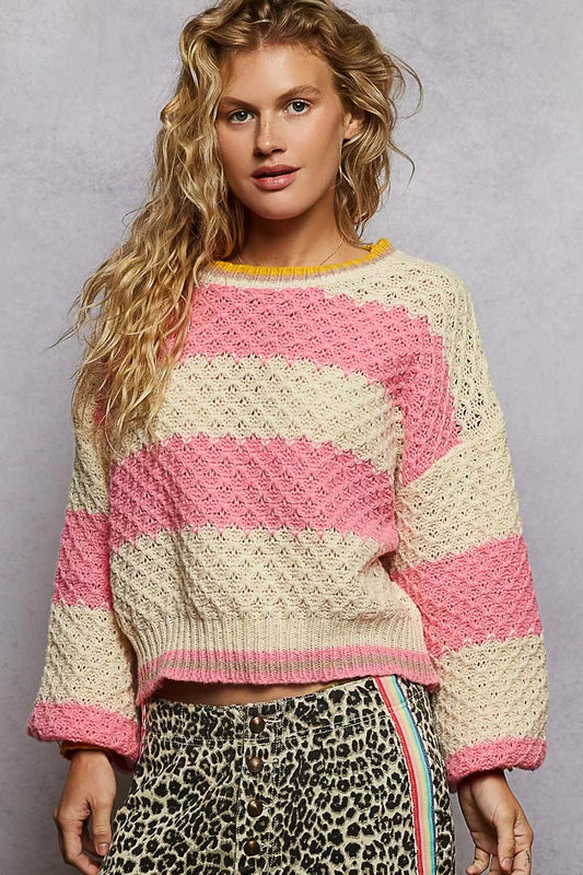POL Contrast Striped Round Neck Sweater with Textured Cable Knit Pattern - Sleekdenim.com