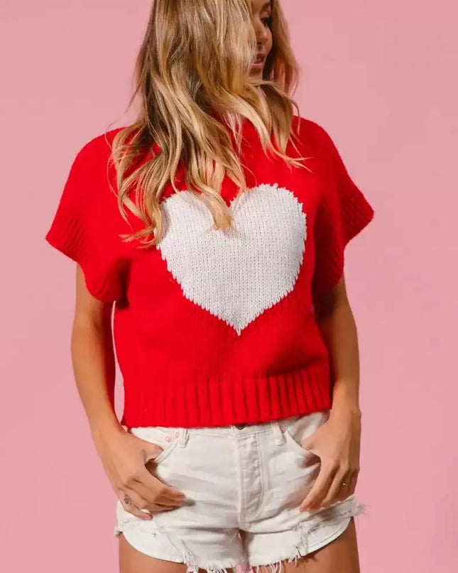 BiBi Rib Banded Heart Pattern Valentines Sweater - Sleekdenim.com