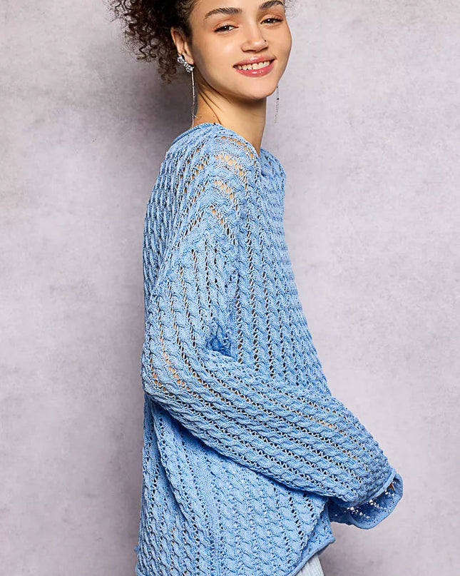 POL Openwork Round Neck Knit Top with Shiny Detail - Sleekdenim.com