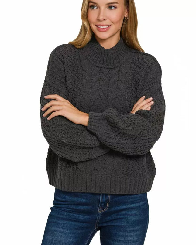 Zenana Cable-Knit Ribbed Turtleneck Sweater - Sleekdenim.com