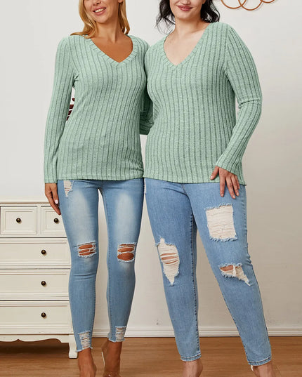 Basic Bae Full Size Ribbed V-Neck Long Sleeve T-Shirt - Sleekdenim.com