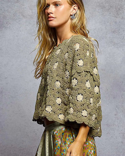 POL Contrast Crochet Cropped Knit Top - Sleekdenim.com