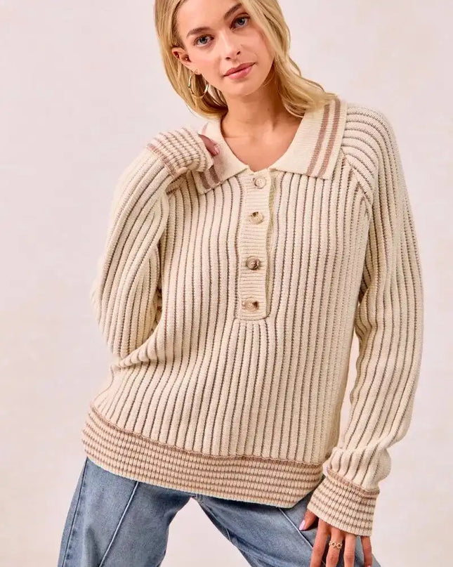 BiBi Half Button Ribbed Two Tone Sweater - Sleekdenim.com