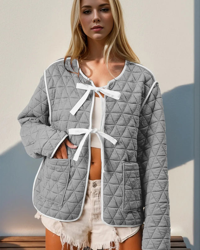 Double Take Contrast Trim Tie Front Quilted Jacket with Pockets - Sleekdenim.com