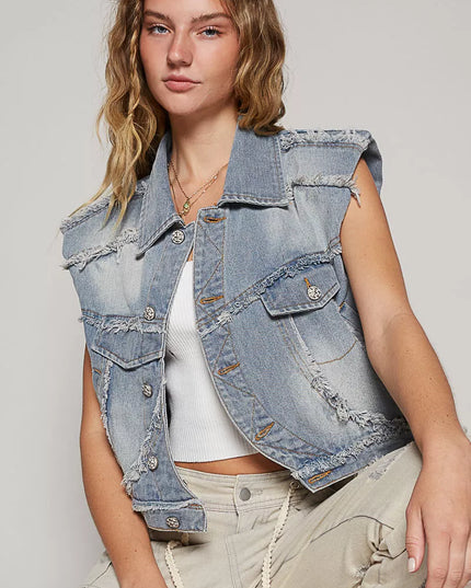 POL Assymetrical Front Closure Raw Hem Denim Vest - Sleekdenim.com