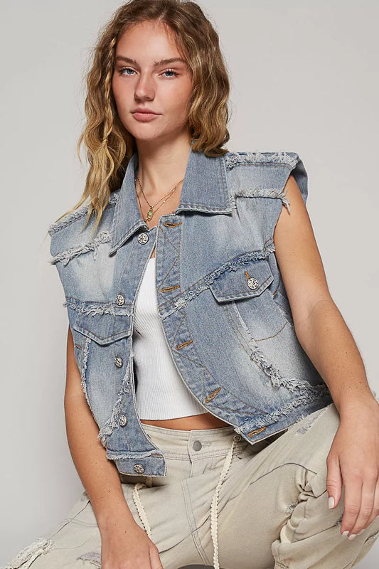 POL Assymetrical Front Closure Raw Hem Denim Vest - Sleekdenim.com