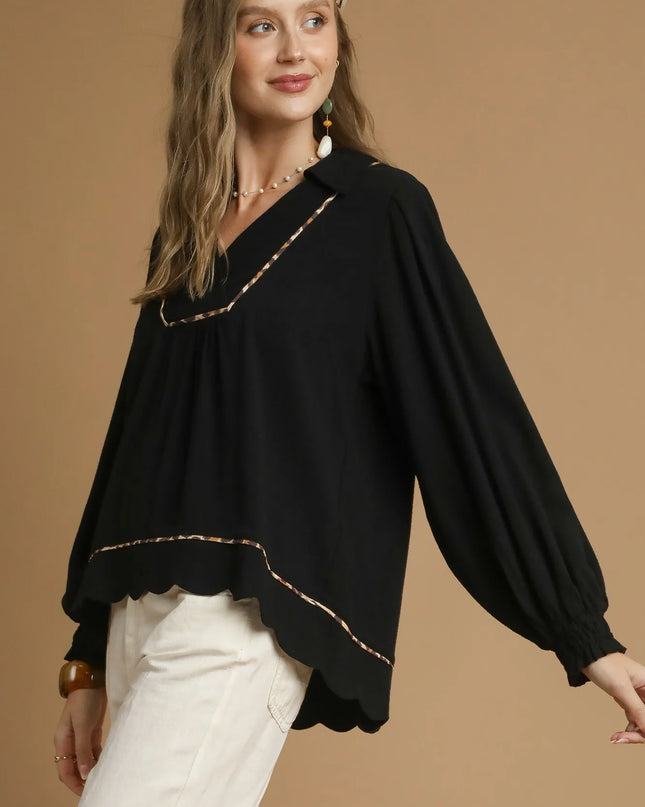 Umgee Full Size Linen Scallop Hem Blouse with Contrast Trim Plus Size - Sleekdenim.com