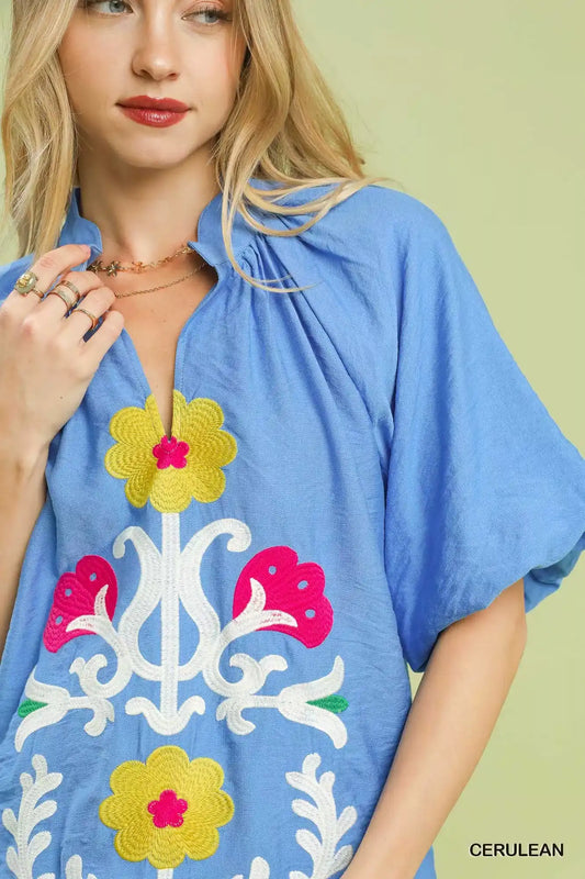 Umgee Embroidered Boho Puff Sleeve Blouse - Sleekdenim.com