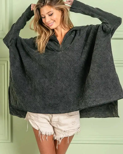 BiBi Vintage Washed Quilted Half Zip Top - Sleekdenim.com