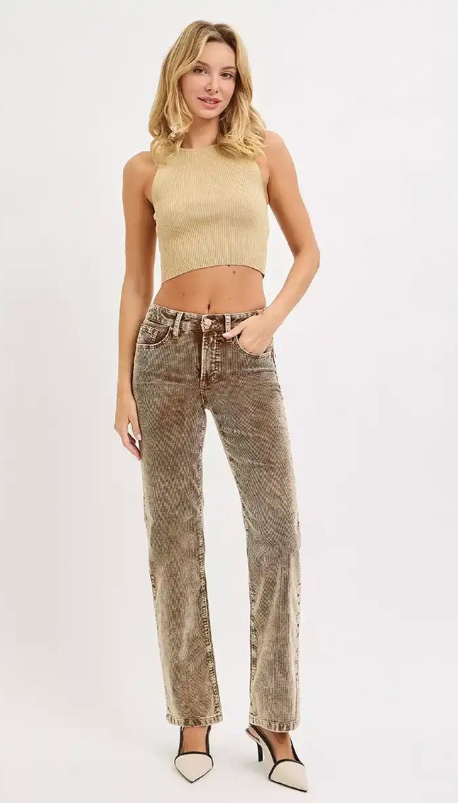 RISEN Tummy Control Mid Rise Straight Leg Corduroy Pants - Sleekdenim.com