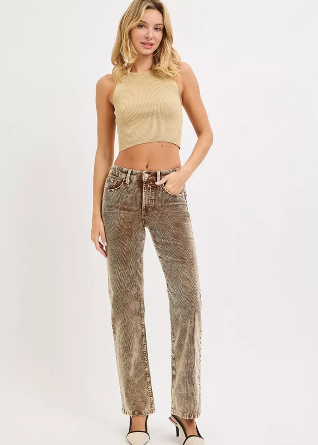 RISEN Tummy Control Mid Rise Straight Leg Corduroy Pants - Sleekdenim.com