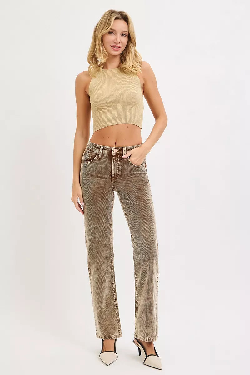 RISEN Tummy Control Mid Rise Straight Leg Corduroy Pants - Sleekdenim.com