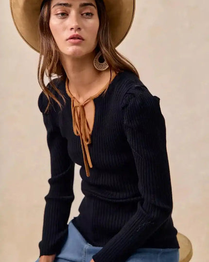 BiBi Ribbed Contrast Front Tied Top with Shrried - Sleekdenim.com