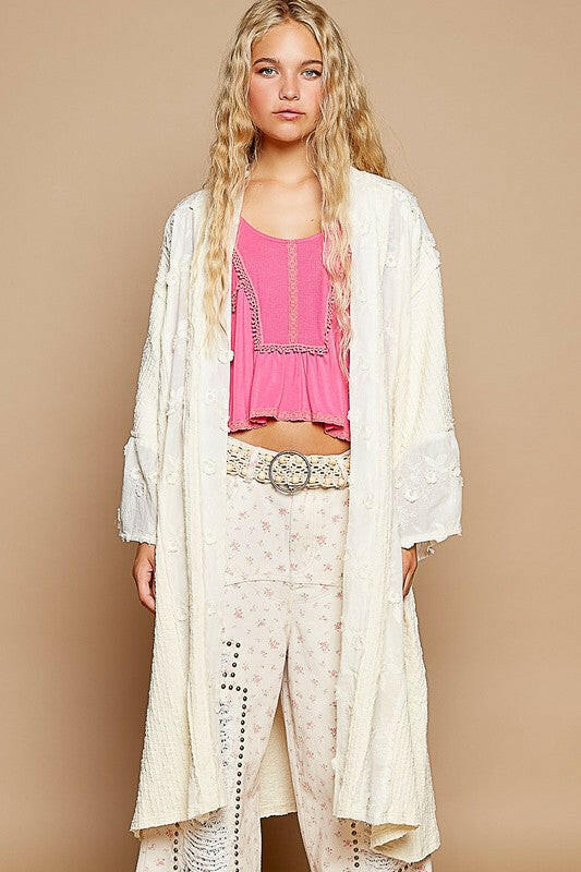 POL Flower Lace Trim Open Front Longline Cardigan | Sleekdenim.com